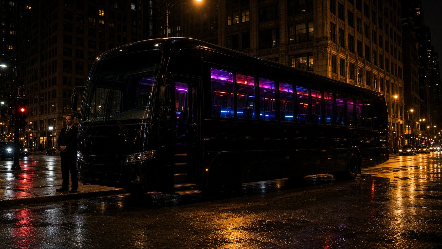 34-passenger party bus in Chicago at night