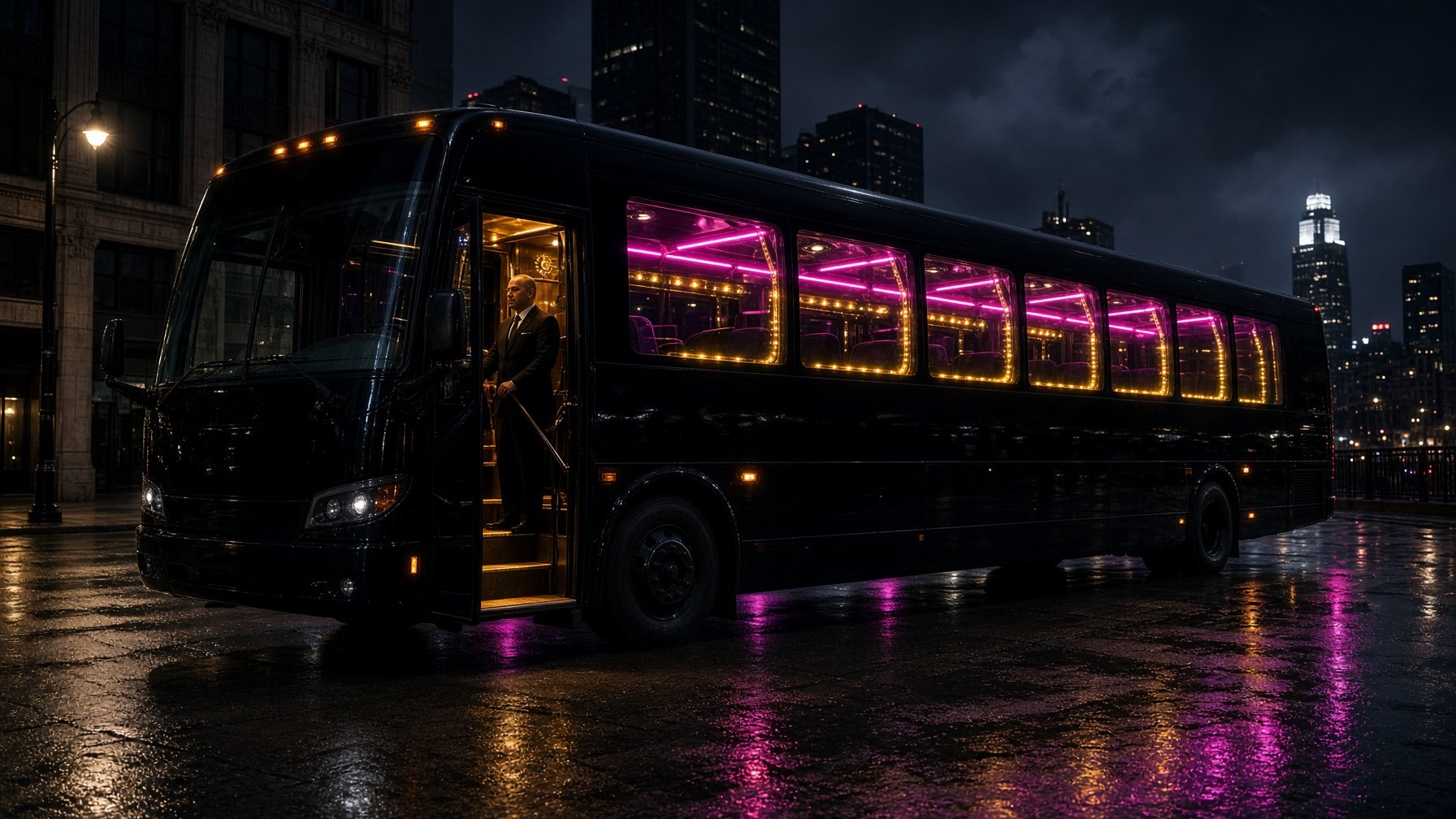 Black 45-passenger party bus in Chicago at night