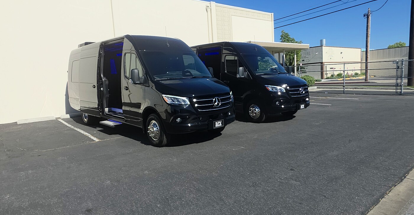 Mercedes-Benz Sprinter limo interior with ambient lighting in Chicago